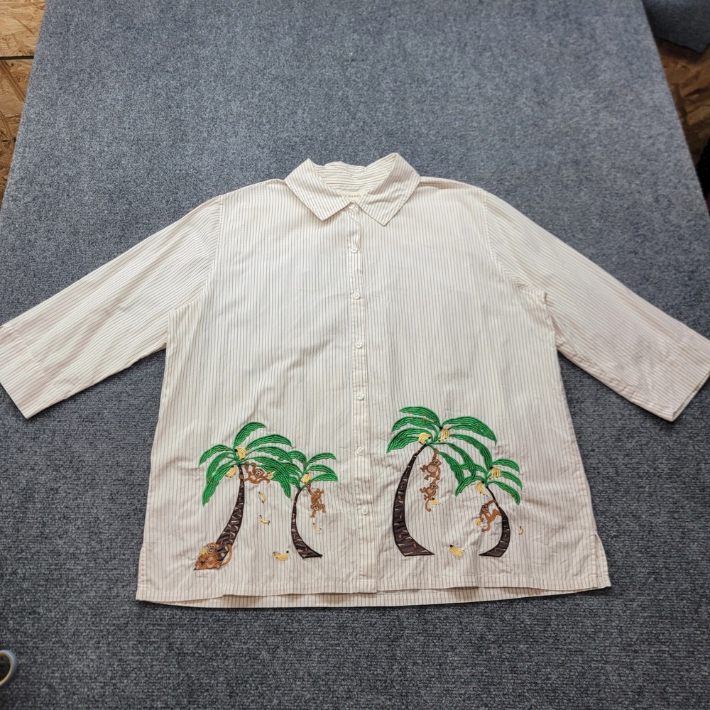 Vintage Bechamel Tan Pinstripe Cotton Monkey Palm Tree Embroidered Shirt XL
